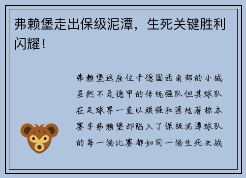 弗赖堡走出保级泥潭，生死关键胜利闪耀！